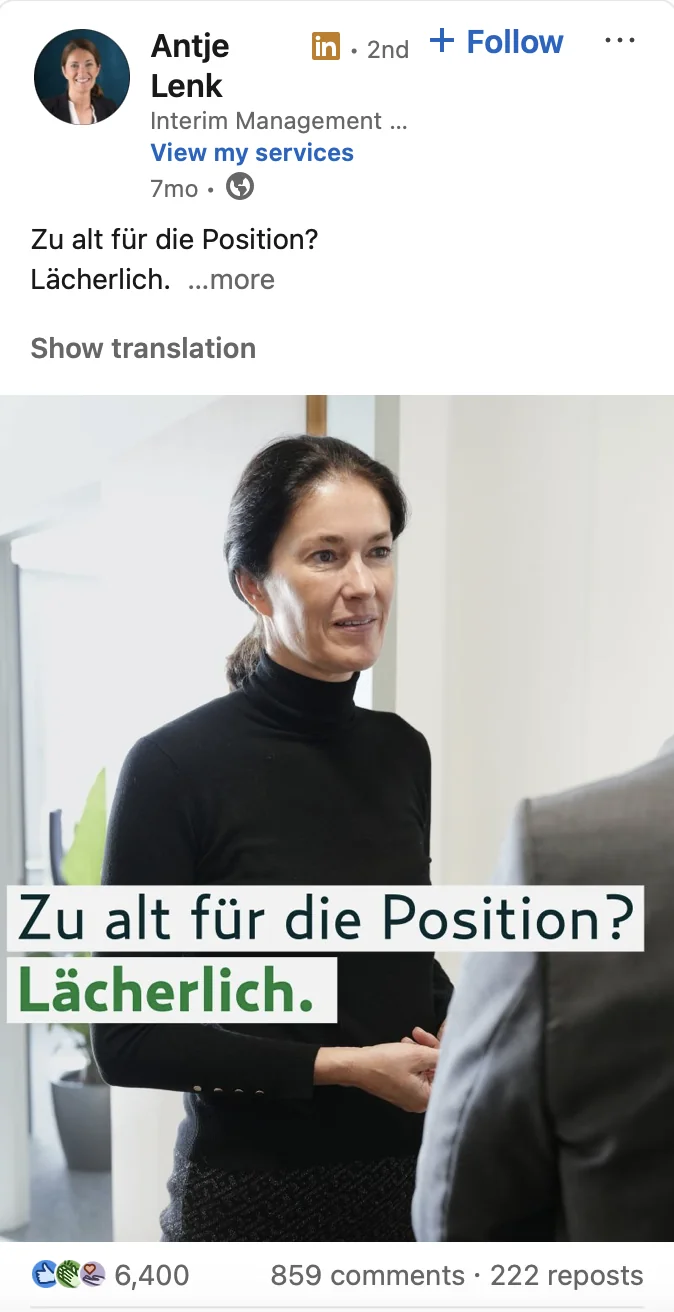 LinkedIn-Beitrag von Antje Lenk über Alter und Positionen